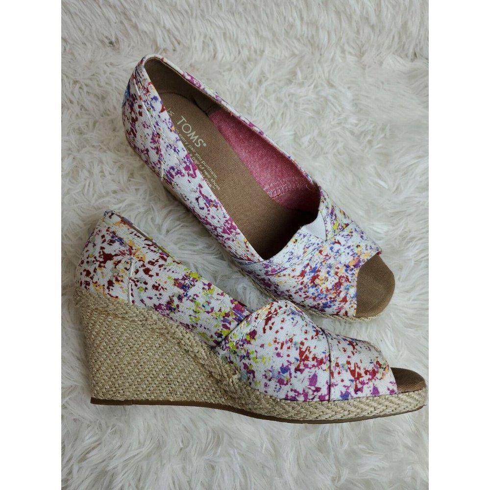 TOMS Woman's Espadrille Shoe Wedge Heel Peep Toe Floral Print Canvas Sz 9.5 NWOB